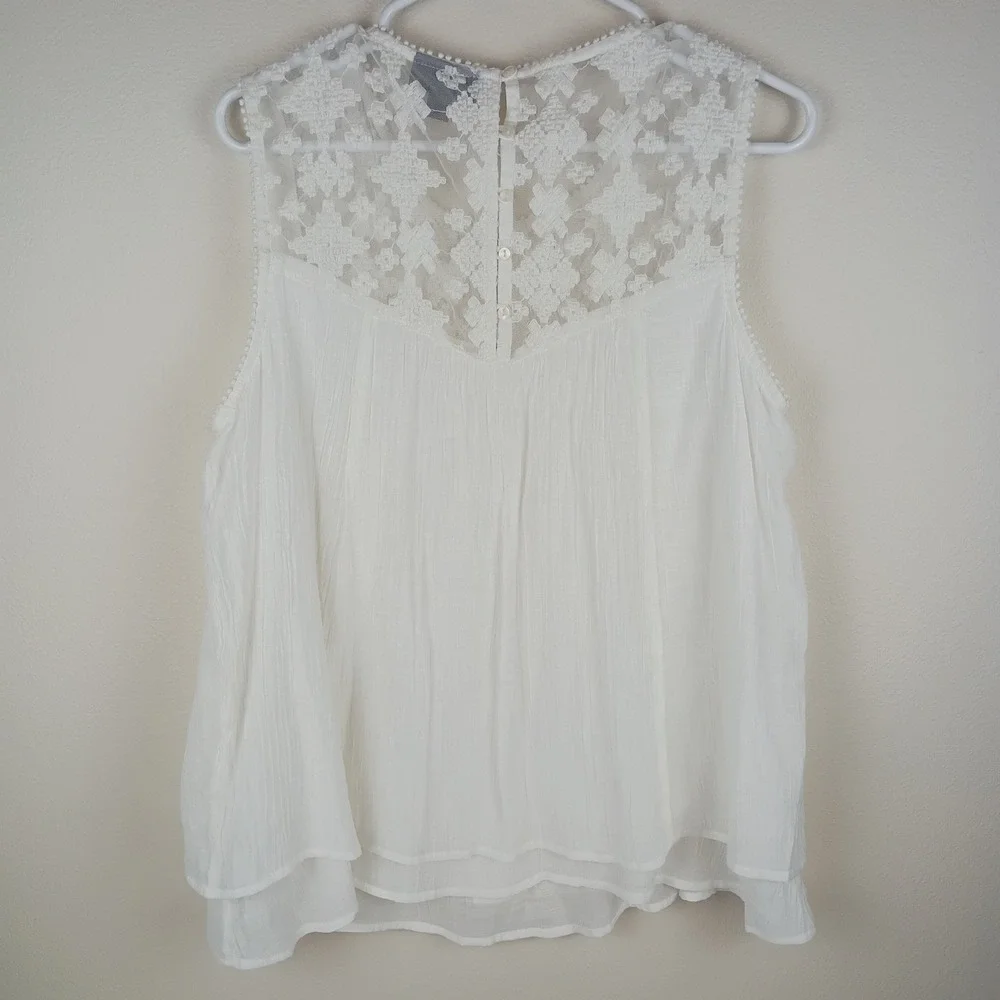 Style & Co White Lace Yoke Sleeveless Blouse Boho Crinkle Top Large - Picture 3 of 8